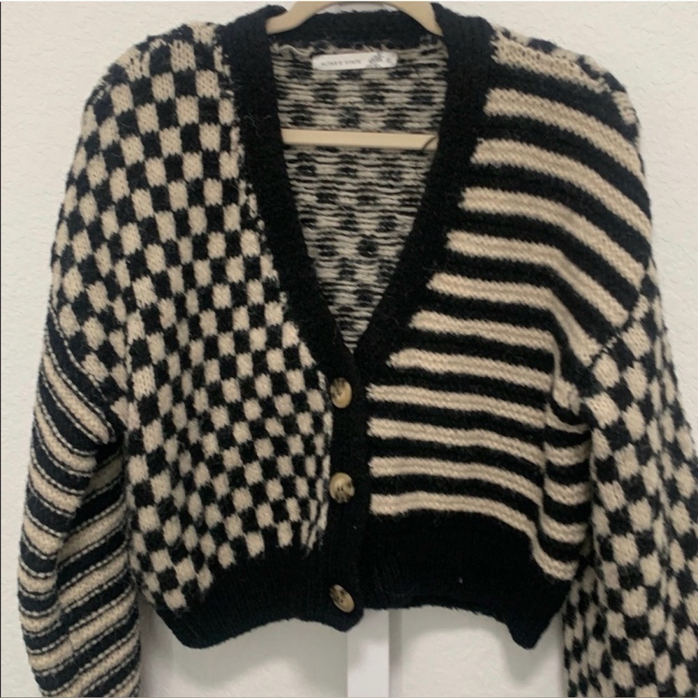 Altar’d State Claudia Checkered Cardigan Sweater Black & Cream Balloon Sleeve - Picture 8 of 13